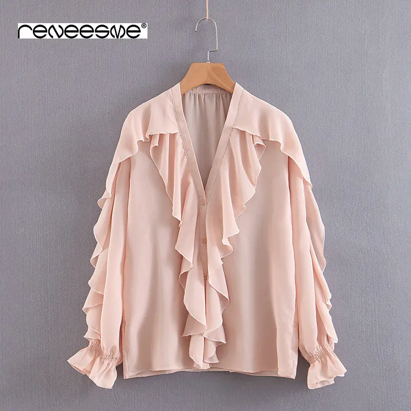 Повседневная Женская блузка с рюшами новинка 2019 длинный рукав v образный вырез