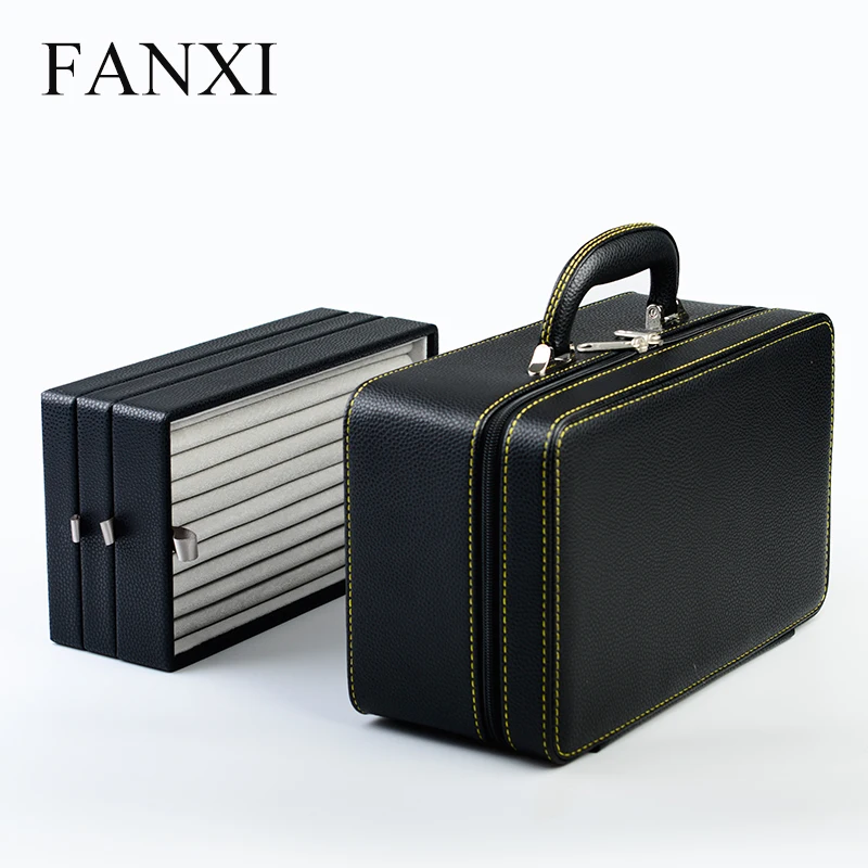 FANXI высококачественный черный кожаный чехол для ювелирных изделий, упаковочная коробка ручной работы для путешествий, трехслойный органайзер для ювелирных изделий, чехол для хранения, держатель