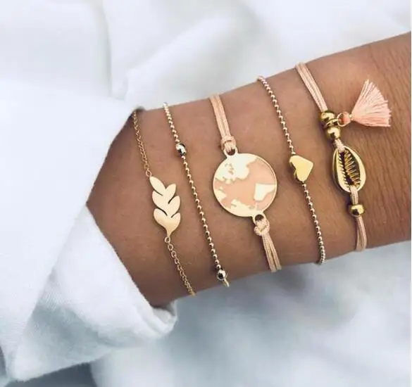 5 шт./компл. кожаный браслет с подвеской в виде листков сердца и кисточкой