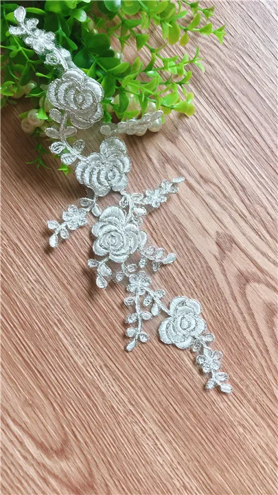 

10 шт. кружевные аппликации Alencon вышитые нашивки цвета слоновой кости с роскошной серебряной вышивкой для свадьбы свадебный головной убор с ...