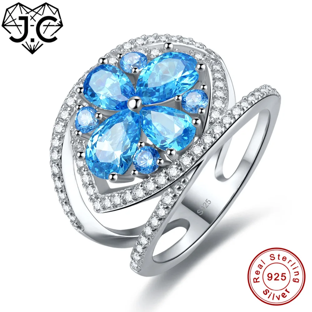 

J.C Women Exquisite Flower Pretty Ruby & Sapphire Blue White Topaz Solid 925 Sterling Silver Ring Size 6 7 8 9 Fine Jewelry