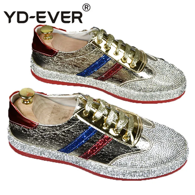 Casual Men Sneakers Luxury Brand Silver Shoes Spring Lace Up Skate European Trainers Italy Patent Leather Gold Nice Rhinestone | Обувь