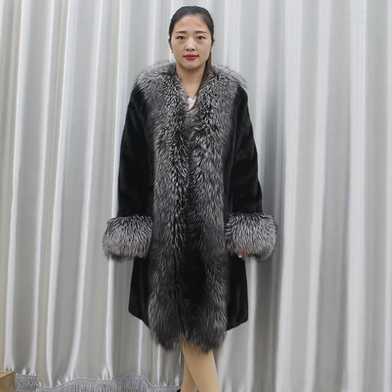 Женская Шуба из цельного натурального меха норки длинная с большим воротником