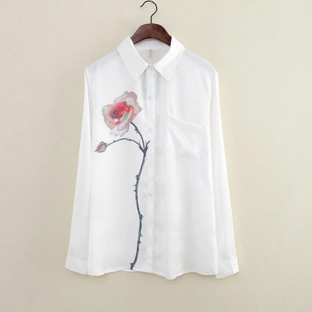 2019 осенние женские блузки с принтом розы топы длинными рукавами рубашка отложным