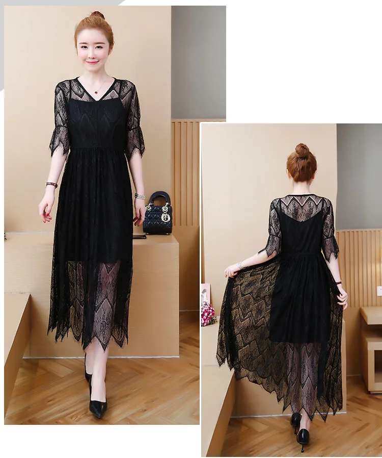 Moda mujer, летние платья размера плюс для женщин, 4xl, 5xl, 6xl, большие размеры, черное кружевное элегантное платье, уникальное женское винтажное платье