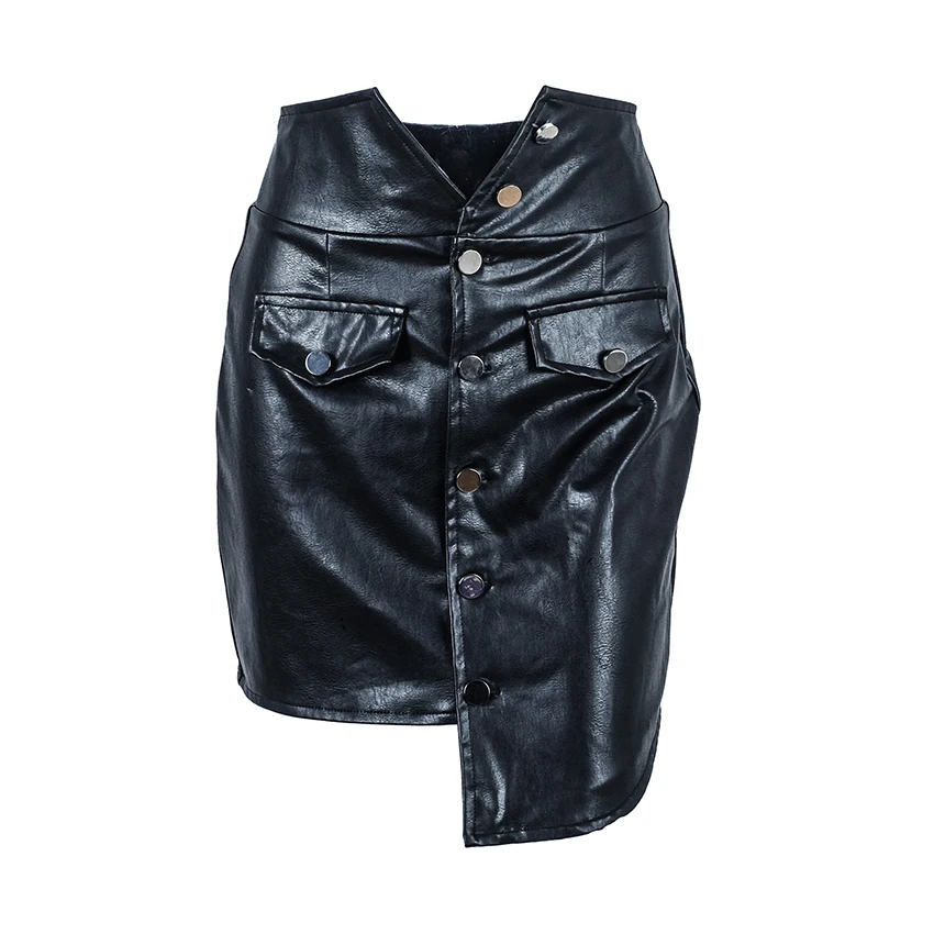 OOTN Асимметричная юбка из искусственной кожи с высокой талией, сексуальные короткие юбки, необычные мини обтягивающие повседневные зимние женские черные юбки на пуговицах