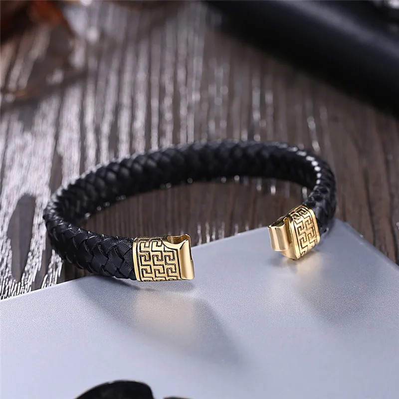 2017 г. панк черный плетеный кожаный браслет Магнитная застежка Простой Стиль