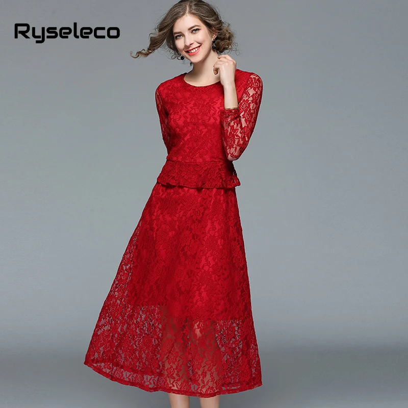 Ryseleco/осеннее модное платье из 2 предметов Красное Кружевное лоскутное тонкое