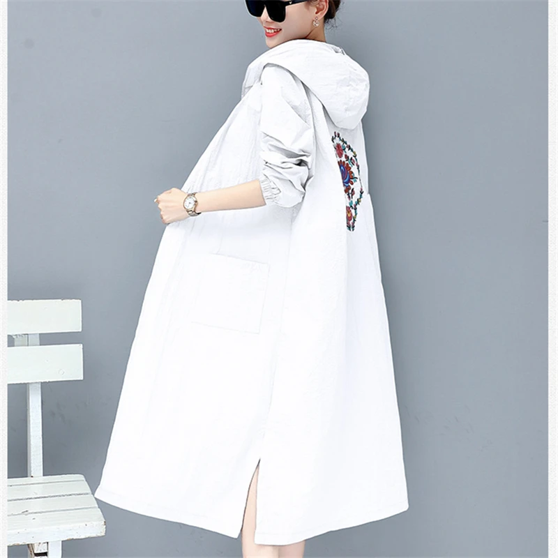 Женская Солнцезащитная одежда с капюшоном длинный свободный кардиган вышивкой