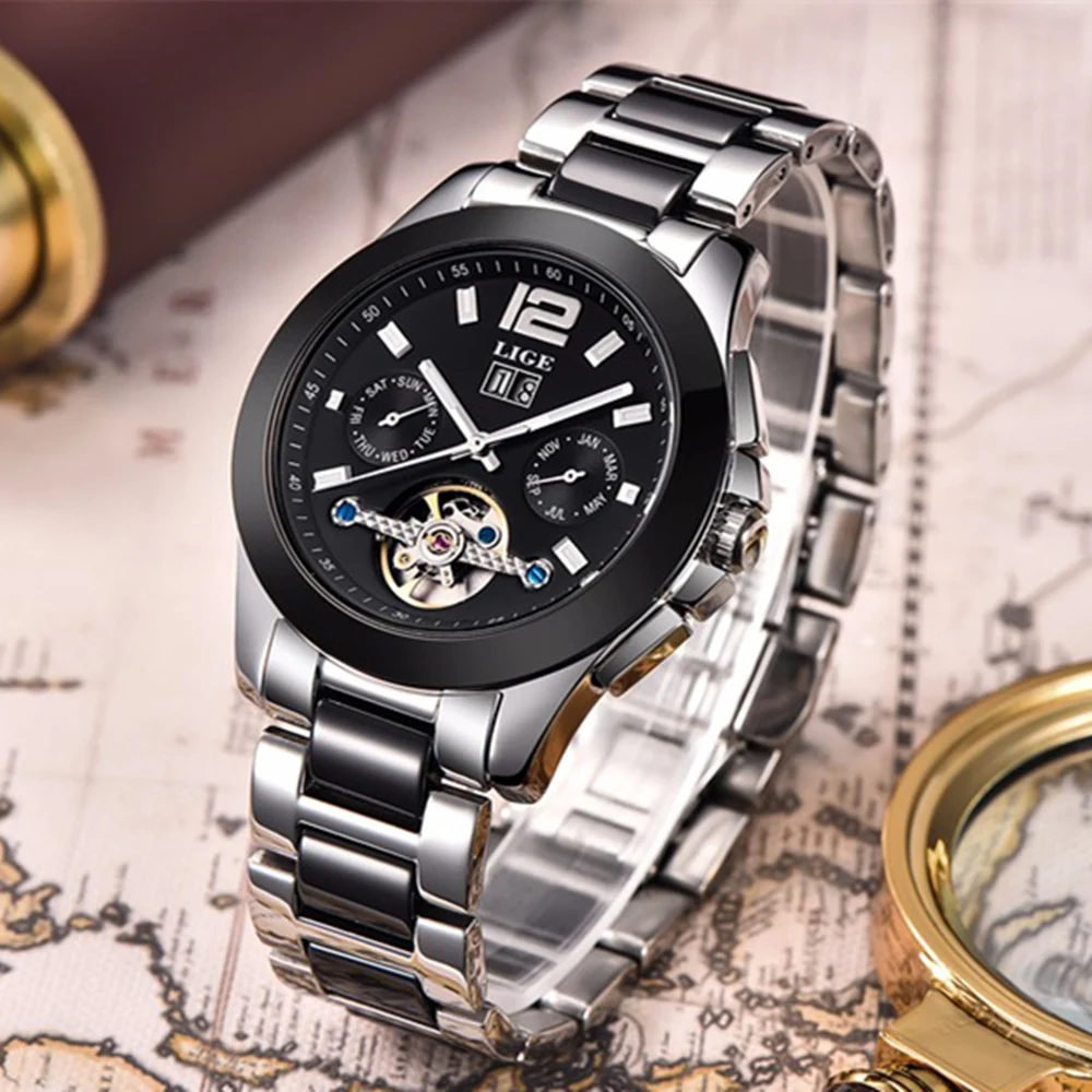 Top Brand Luxury LIGE Watches Men High Quality Tourbillon Automatic Mechanical Mens Dive 50M Business Steel Wristwatch | Наручные часы