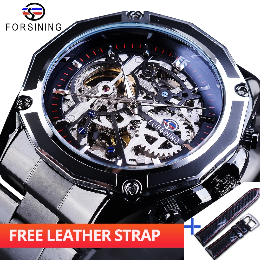 

Forsining Watch + Band Set Combination Steampunk Mechanical Movement Black Bracelet Men Automatic Watches Fashion Skeleton Clock