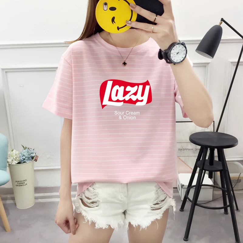 

Women's Casual Lazy Letter Print T-Shirt Sweatshirt Summer Loose Stripe Short Sleeve Tops Harajuku streetwear Tee Camiseta Mujer