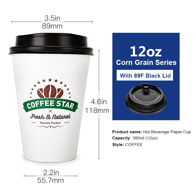 12oz with Black Lid OTOR 10 шт 8 унций 12 унций одноразовая утолщенная бумага для молочного чая кофейные чашки безопасные и без запаха двойные стенки одноразовые кофейные чашки - Цвет: 12oz with Black Lid