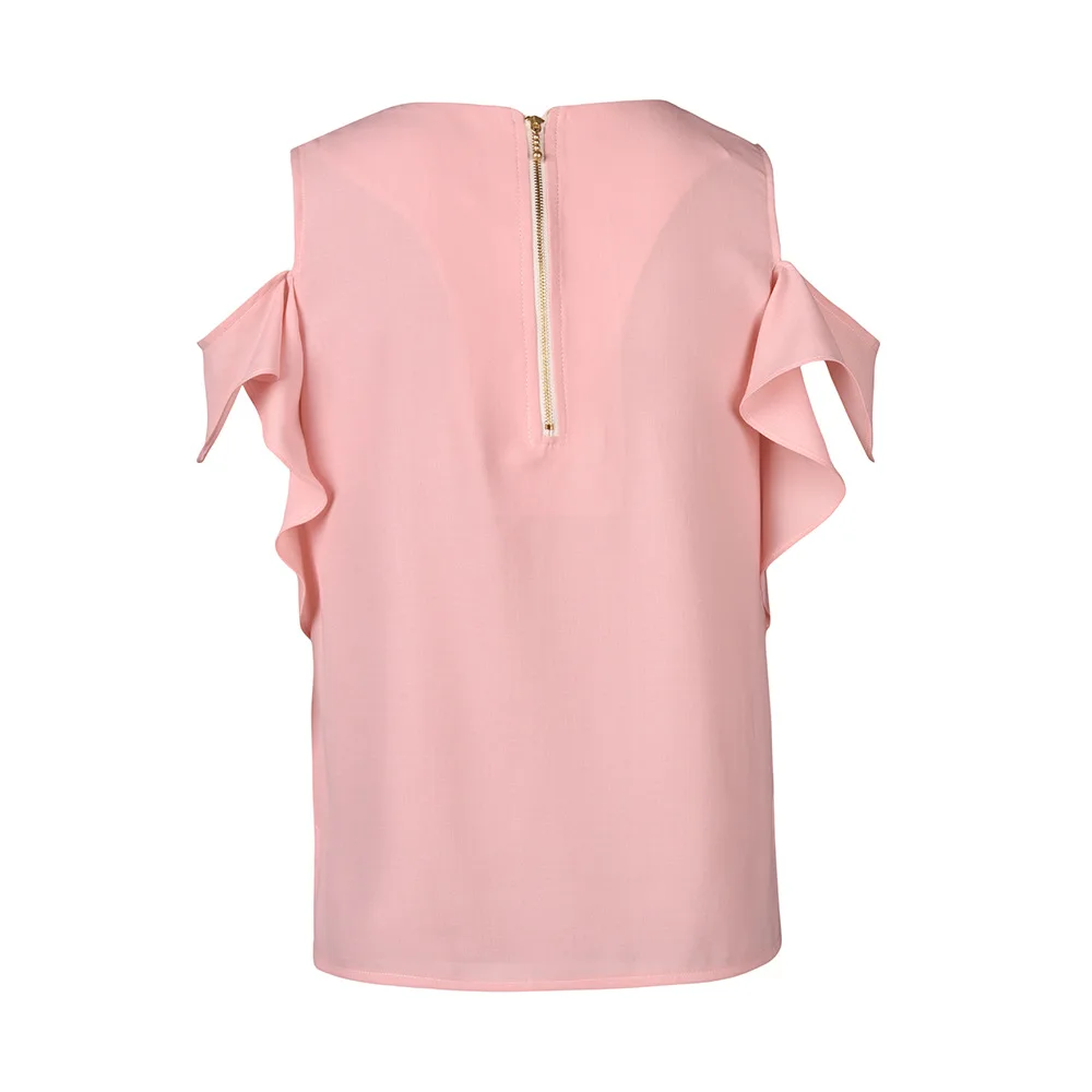 Женская блузка белая Розовая Шифоновая Блузка с оборками и коротким рукавом
