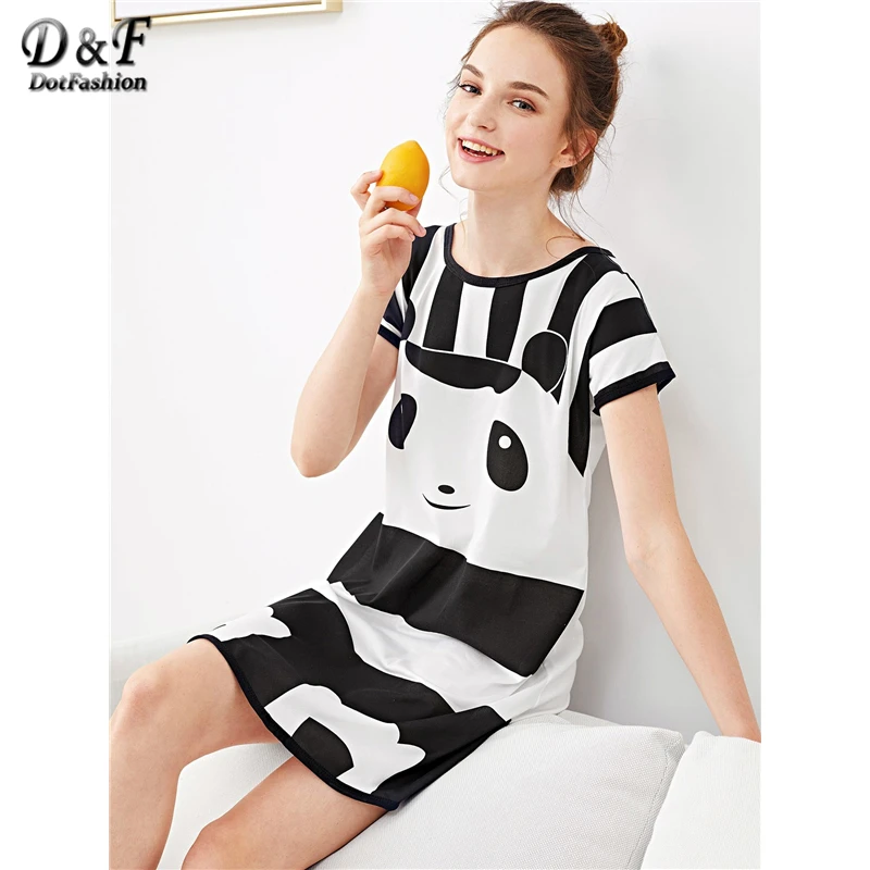 Dotfashion черный и белый с принтом панды в полоску Ночное платье для женщин короткий рукав пижамы повседневное летняя одежда для сна