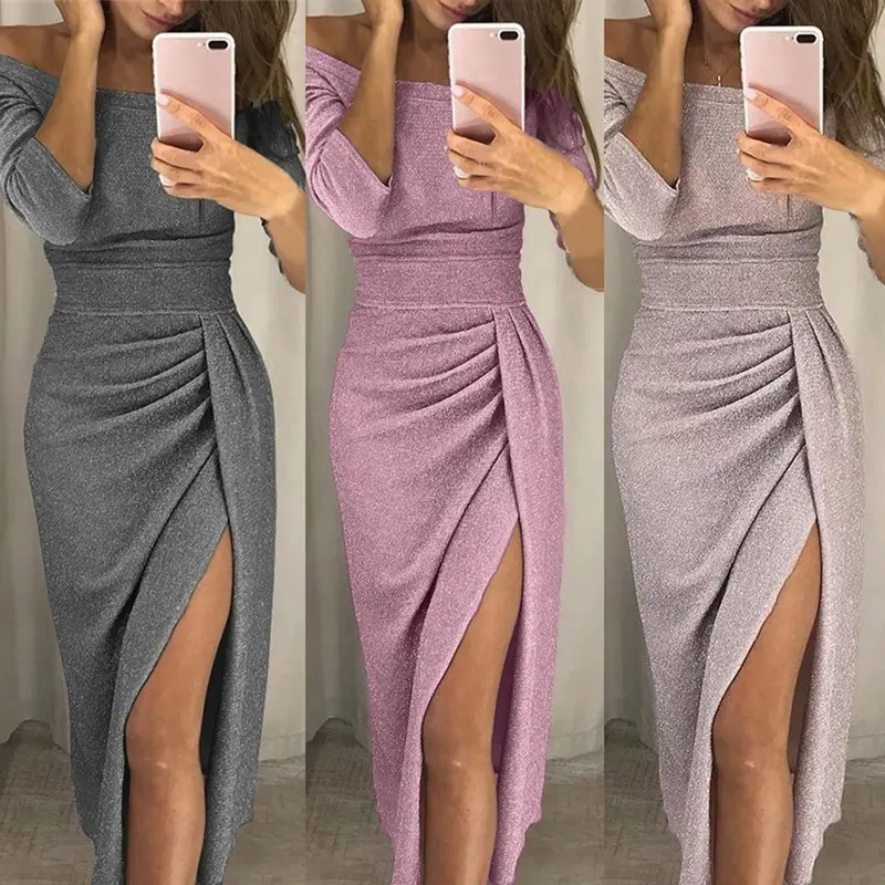Women Party Dresses Sexy Split Slash Neck Vestidos Fashion Solid Pleated Robe Femme Club Dress Sequin Tunic Party Dress New Year