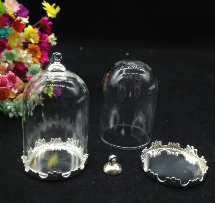 

100sets/lot 38*25mm tube glass cover globe 25mm silver plated crown tray 8mm cap set no filler glass bottle vial pendant jewelry