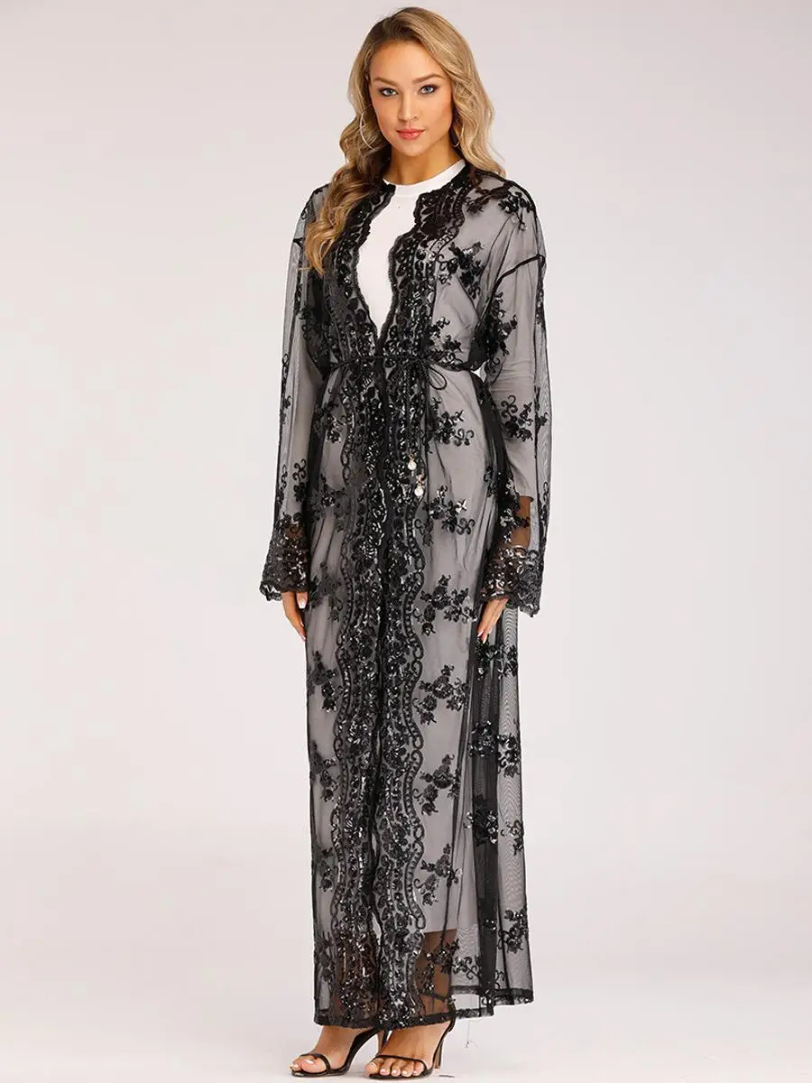 Роскошное кимоно с блестками для женщин abaya Дубай молитва открытый передний кафтан мусульманский с длинным рукавом Кардиган Платье Рамадан халат арабское