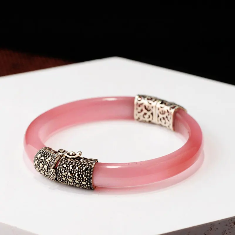 pink Чистый 925 серебряный браслет зеленый розовый белый опал марказит S925 стерлингового серебра Диаметр 5,9 см браслеты для Для женщин ювелирные изделия - Окраска металла: pink