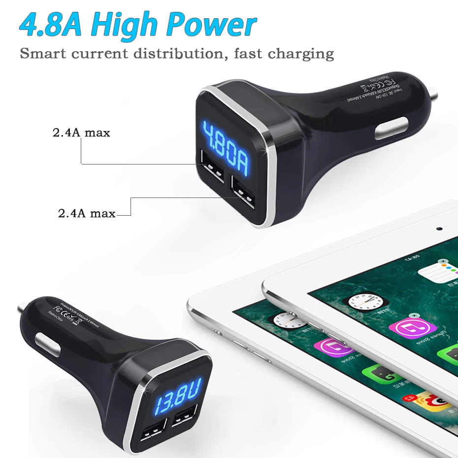 Dual USB Автомобильное зарядное устройство прикуривателя автомобильного прикуривателя Зарядное устройство гнездо сплиттер адаптер 4.8A Зарядное устройство длятелефона 12 V-24 V с Напряжение дисплей
