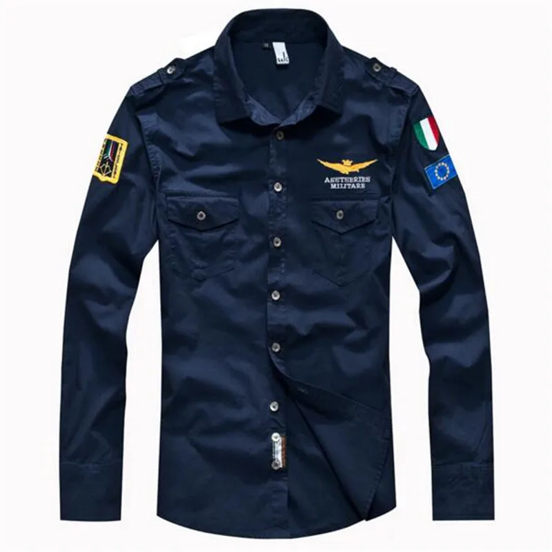 Navy Blue Мужская темно-синяя армейская рубашка для пилота военно-воздушных сил, хлопковая рубашка с вышивкой, тактические рубашки с длинным рукавом - Цвет: Navy Blue