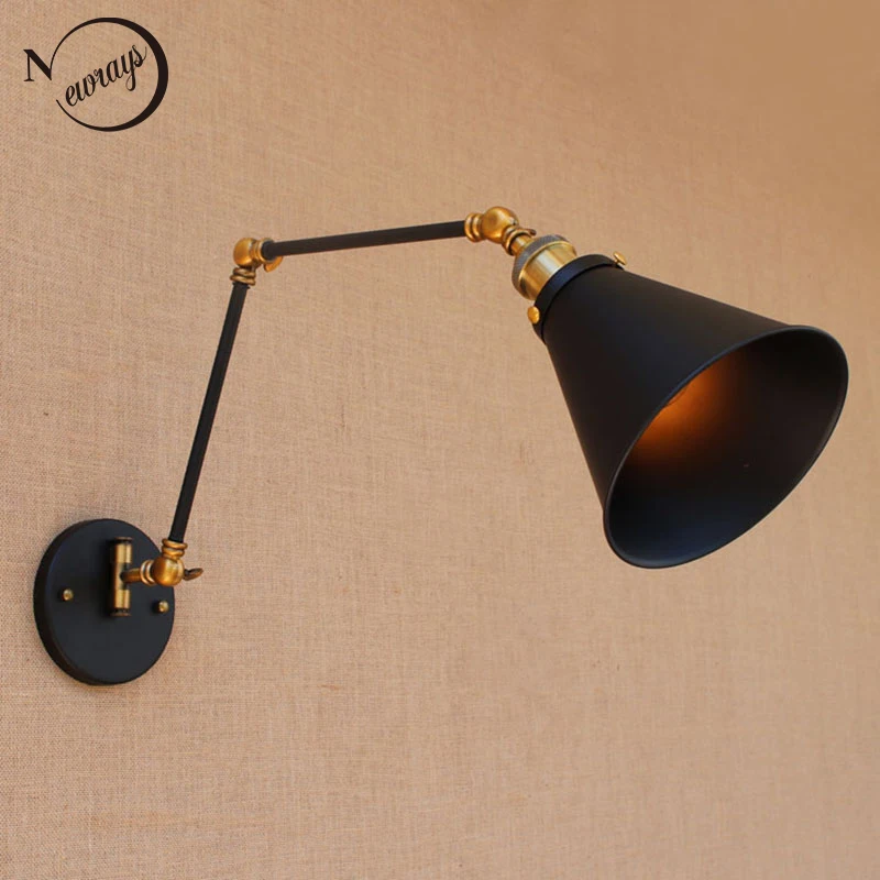 Ретро Античный Черный Регулируемая длинная голова с кулисой старинные бра E27