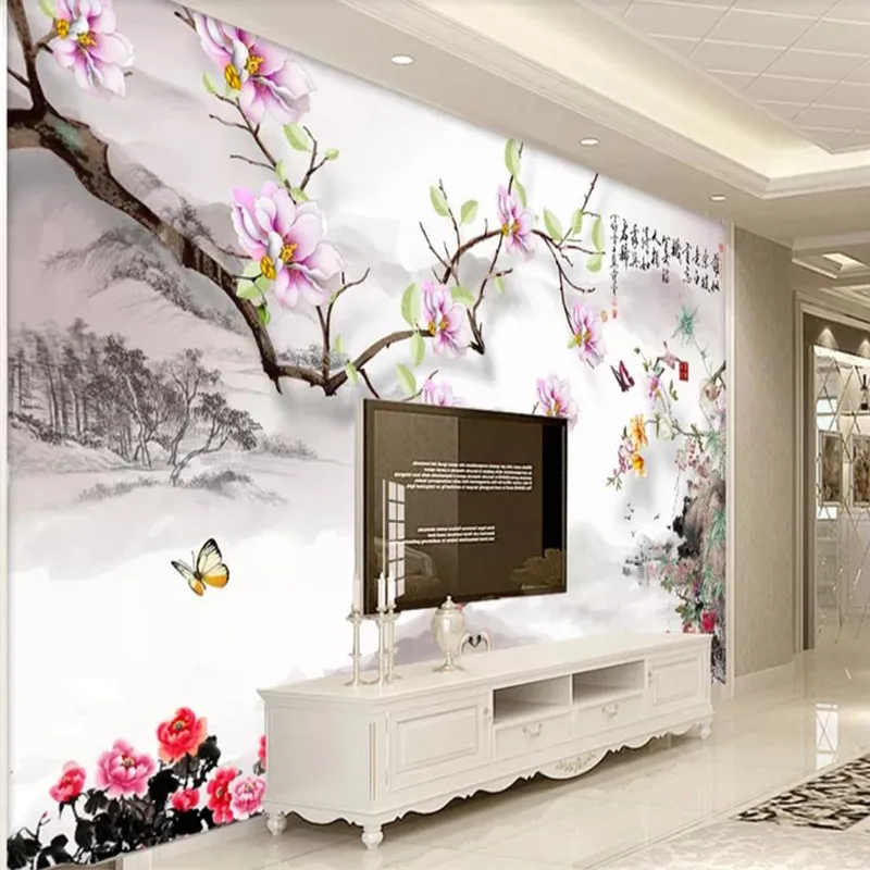 

Custom wallpaper Chinese style magnolia ink painting TV background wall decoration - high quality silk fabric
