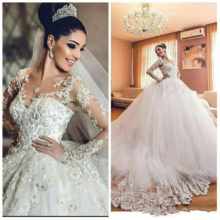 Роскошное бальное платье Vestido de noiva, свадебное платье, блестящее платье принцессы, кружевное свадебное платье с длинными рукавами