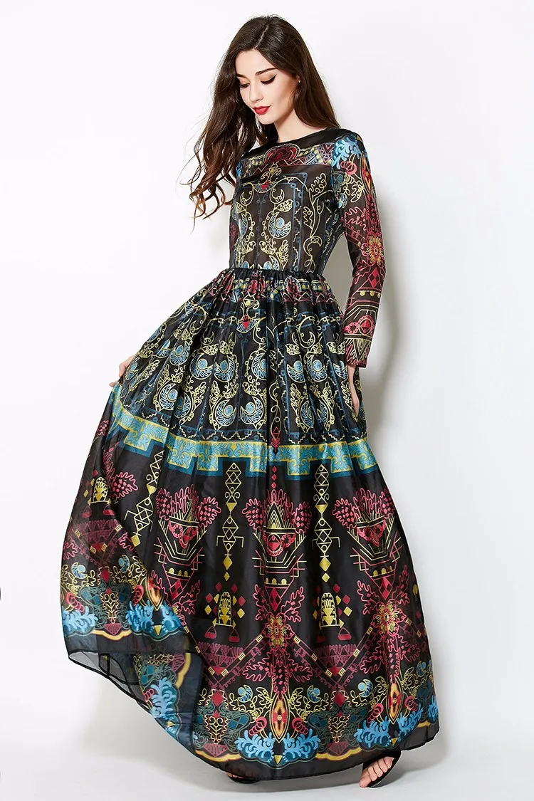 Винтажное зимнее элегантное бальное платье с длинными рукавами, темпераментное тонкое ретро платье в пол с принтом, женское Платье Макси