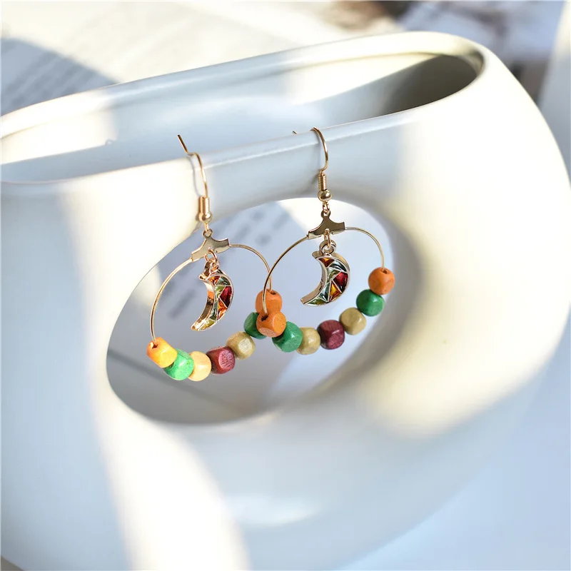 Простой сырая древесина старинные красочные Moon Геометрия Круглый Длинные