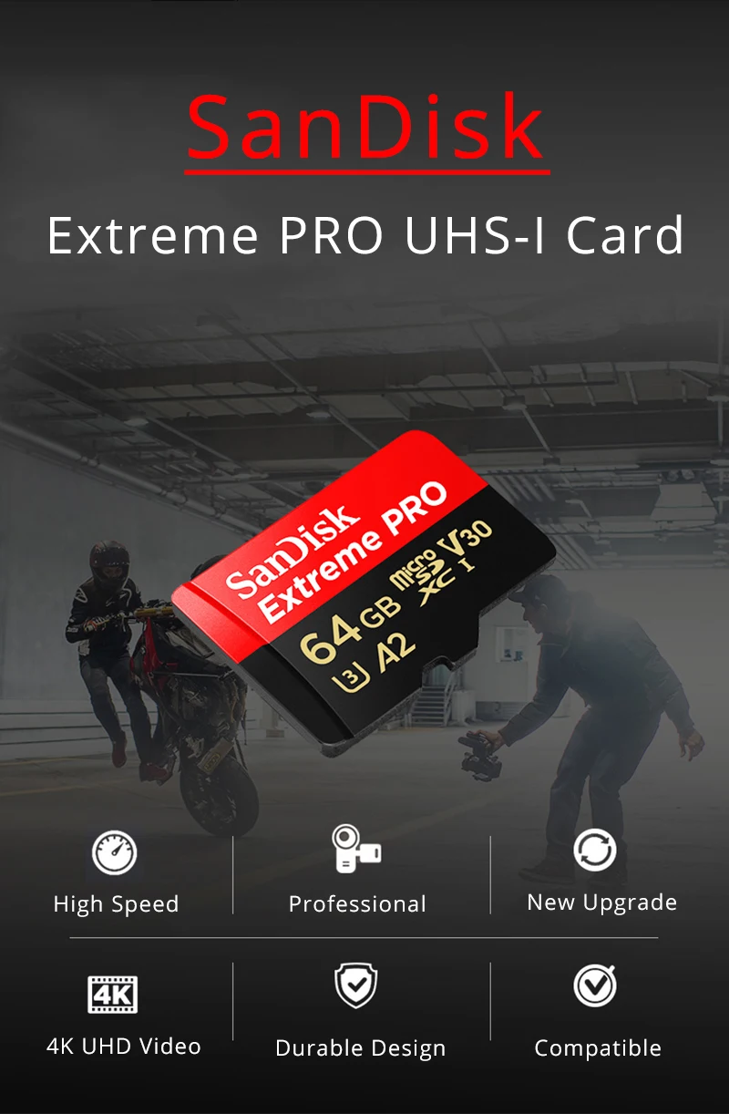 Карта памяти SanDisk 64GB Extreme PRO Flash 256GB tf-карта 128GB MicroSD карта UHS-I U3 C10 V30 A2 4K UHD 170 МБ/с. с адаптером SD