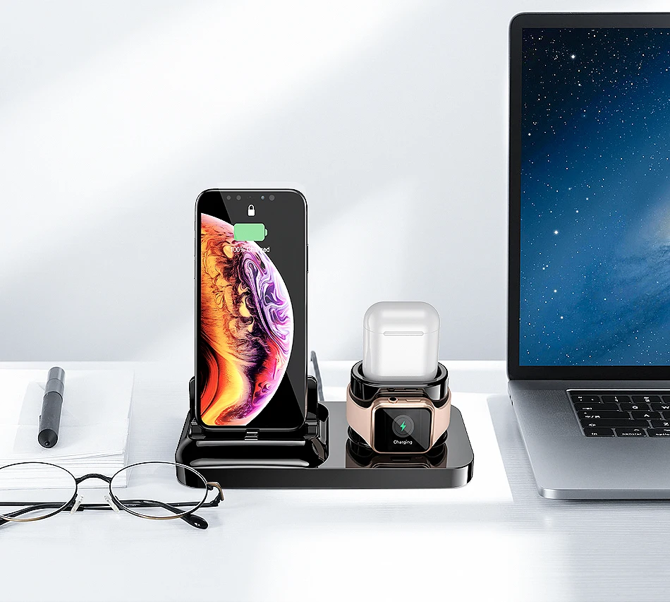 KISSCASE 3 в 1 зарядное устройство для телефона для iPhone X XR держатель Беспроводное зарядное устройство для Apple Watch 4 Air Pods Магнитная Быстрая зарядка рабочего стола