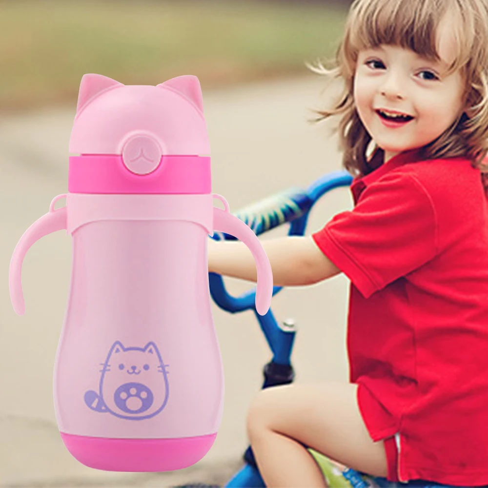 320ml children's vacuum cup with straw comfortable handle with straps 4 colors kid's water cup Stainless Steel Thermos Mug