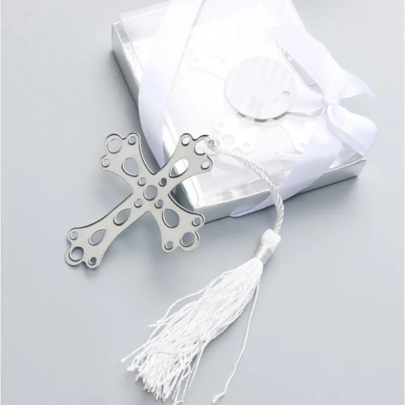 

50 PCS Sliver Boxed Cross Hollow Bookmark White Tassel For Baby Baptism Holy Communion Shower Graduation Wedding