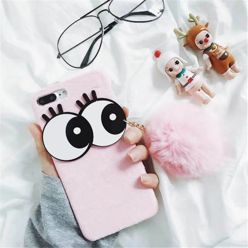 For iphone X 6S 6 7 8 Plus Coque Winter Soft Fur Back Cases ALANGDUO Fashion Cartoon Big Eyes 7Plus Ball Case |