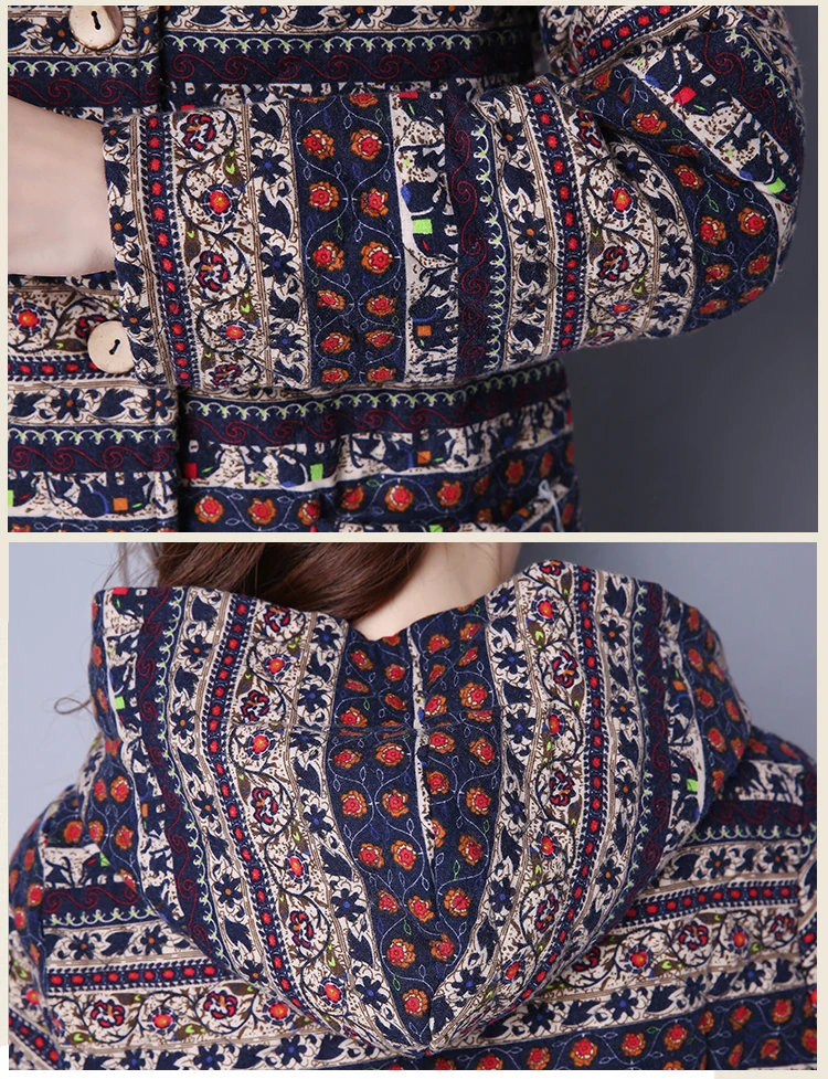 Winter Vintage Hooded Print Mid-Long Cardigan Retro Warm Long Sleeve Coat Oversized Plus Size Hoodies Thicken Cotton Jacket |
