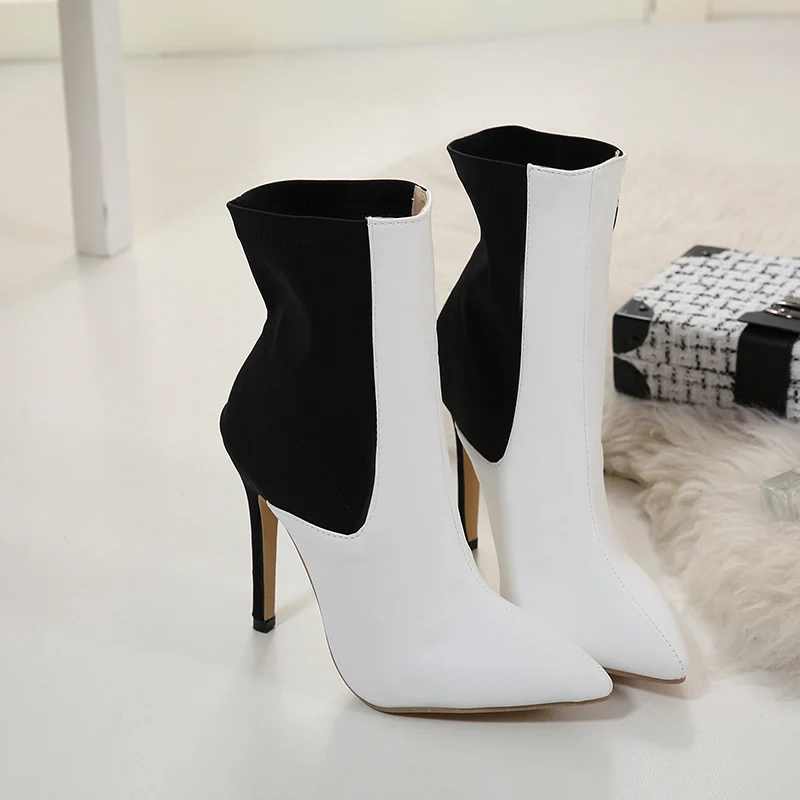 

Spring Fashion Black White Fashion Women's Boots Slip On Ankle Boots High Heels Pointed Toe Warm Boots Snow Boots Sandals