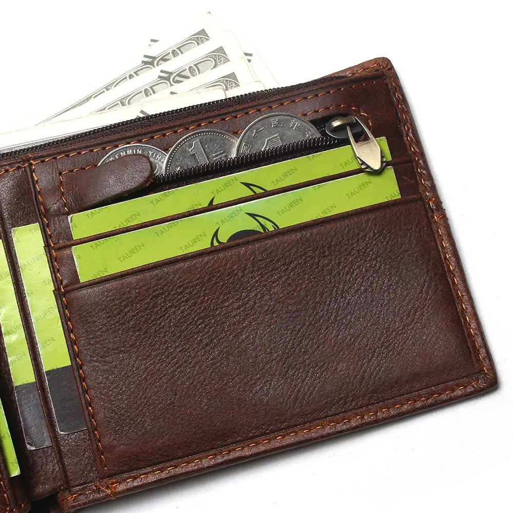 

TAUREN Classic Genuine Leather Men Wallets Coin Pocket Zipper Men's Wallet With Purse Portfolio Cartera