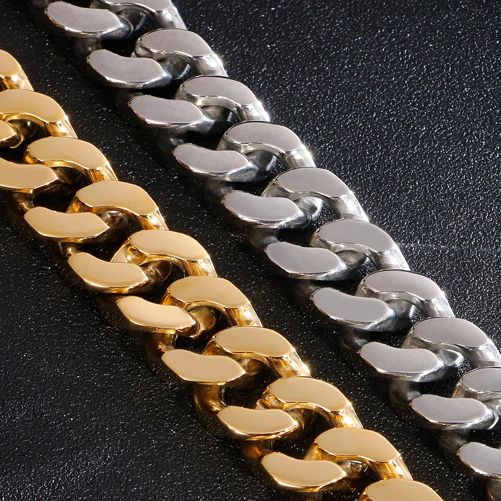 

Luxury 19MM Wide Gold Color Stainless Steel Cuban Miami Chains Necklaces With Box Lock Chain Long Necklace For Men Rock Jewelry