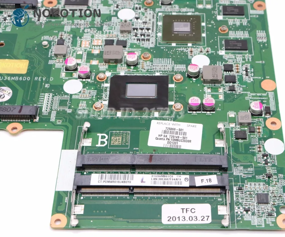Материнская плата NOKOTION для ноутбука HP Seekbook 15 15-B GT630M SR0XF I3-3227U CPU 725069-501 725069-001 DA0U36MB6D0 |