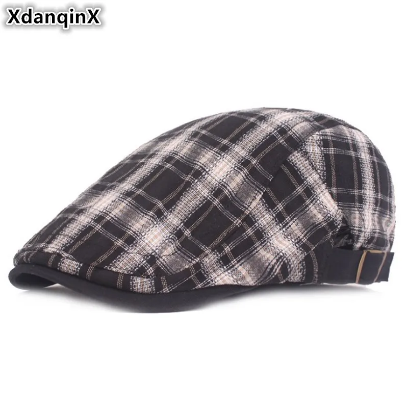 

XdanqinX Men's Spring Summer Plaid Tongue Cap Literary Youth Beret Hats For Men Women Adjustable Size Women's Fashion Brand Caps