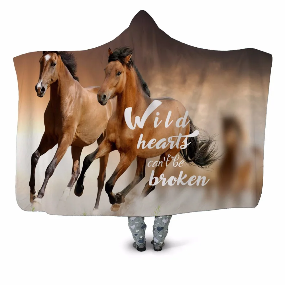 

Wild Horses 3D Printed Plush Hooded Washable Blanket for Adult Children Sofa Quilt Wearable Fleece Throw Blanket Home Office New