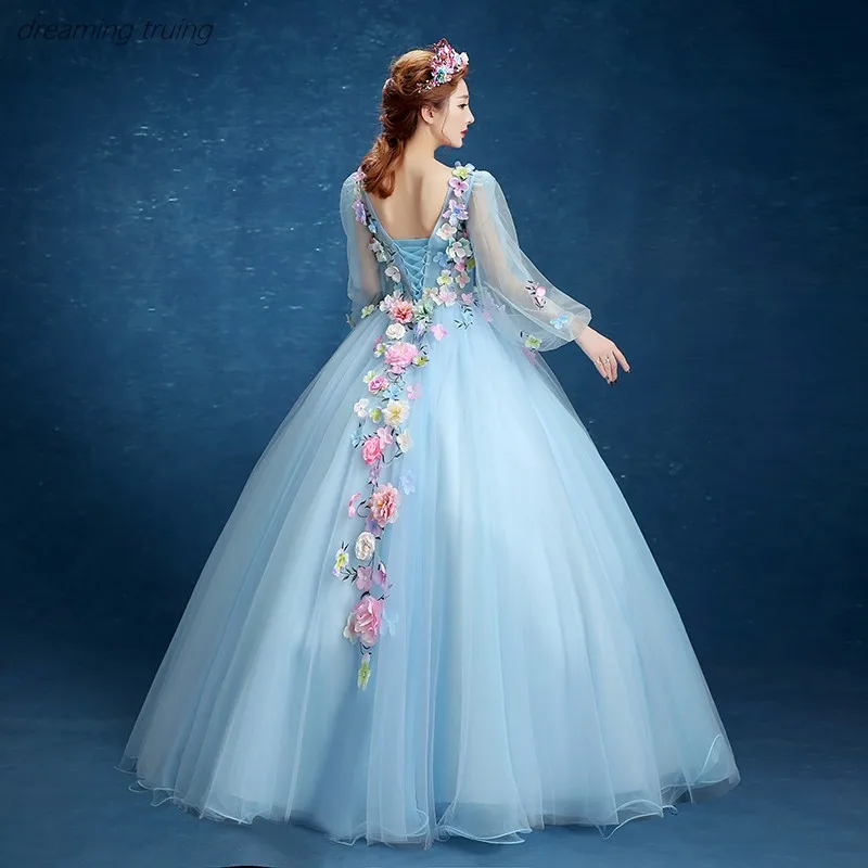 Платья синего цвета с длинным рукавом и цветным объемным цветком Vestidos De 15 бальное
