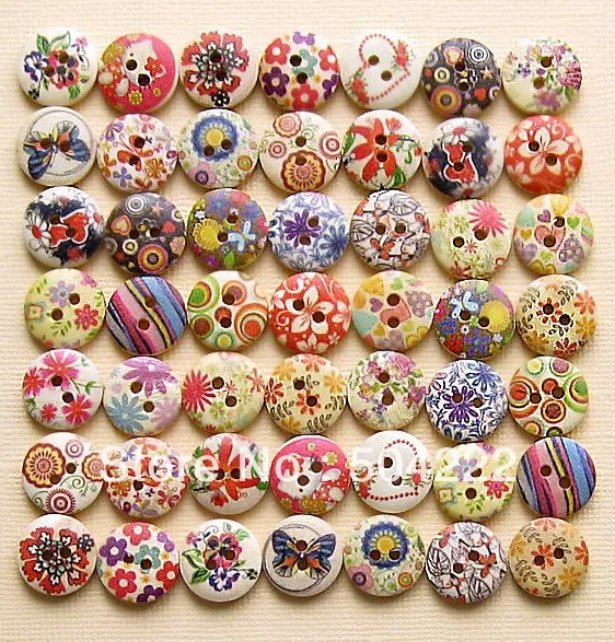 

600 hand Painted Wood wooden Buttons Floral kitsch fancy Assortments 15mm 2 holes beads wholesale free shipping