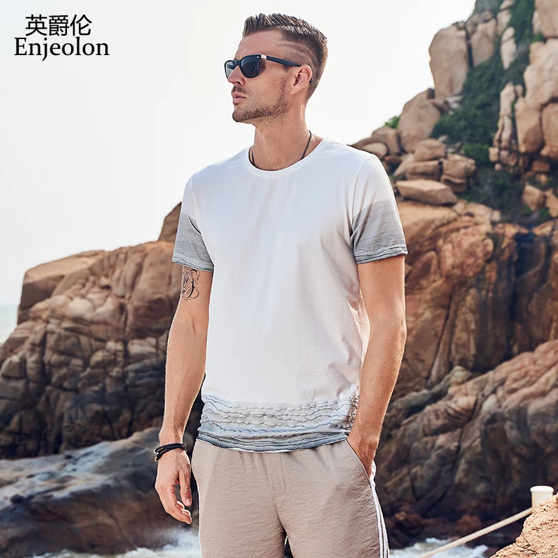 Enjeolon 2019 T shirt Summer Men Short Sleeved O-neck Gradien Casual Fashion Male Top Tee Shirt T3711 | Мужская одежда