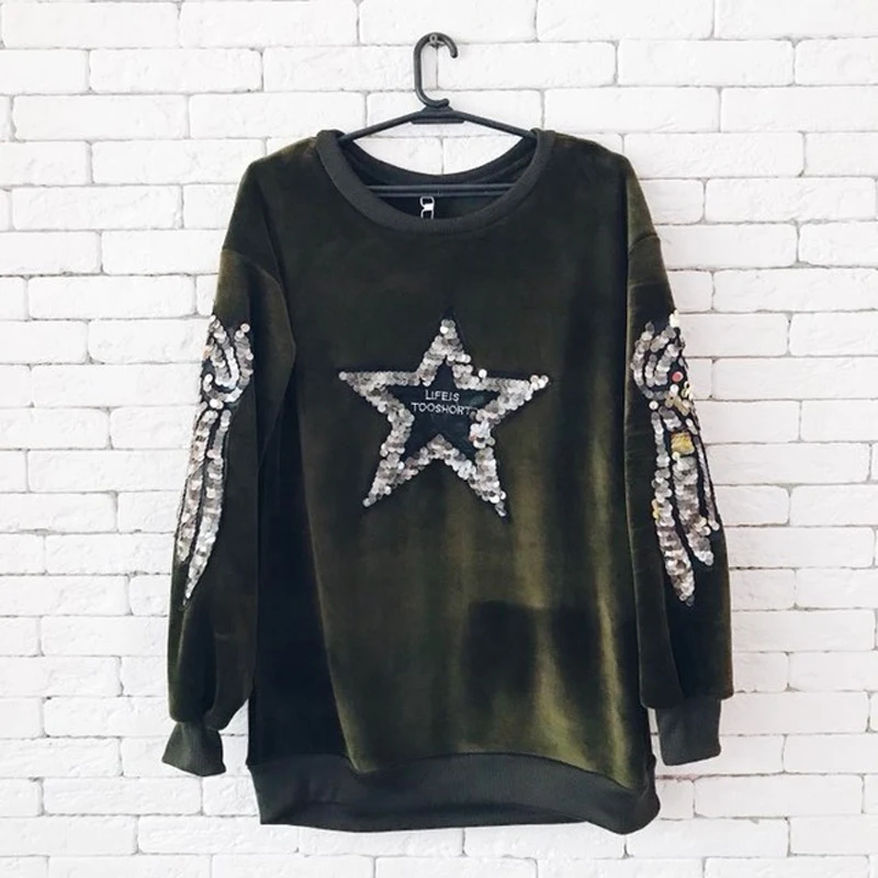 Утолщенные теплые женские толстовки размера плюс с пайетками пуловеры круглым