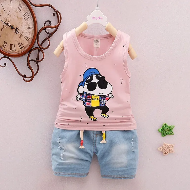 Летняя одежда для маленьких мальчиков Повседневный Спортивный костюм для малышей, одежда для малышей футболка без рукавов+ ковбойские шорты, костюм комплекты из 2 предметов