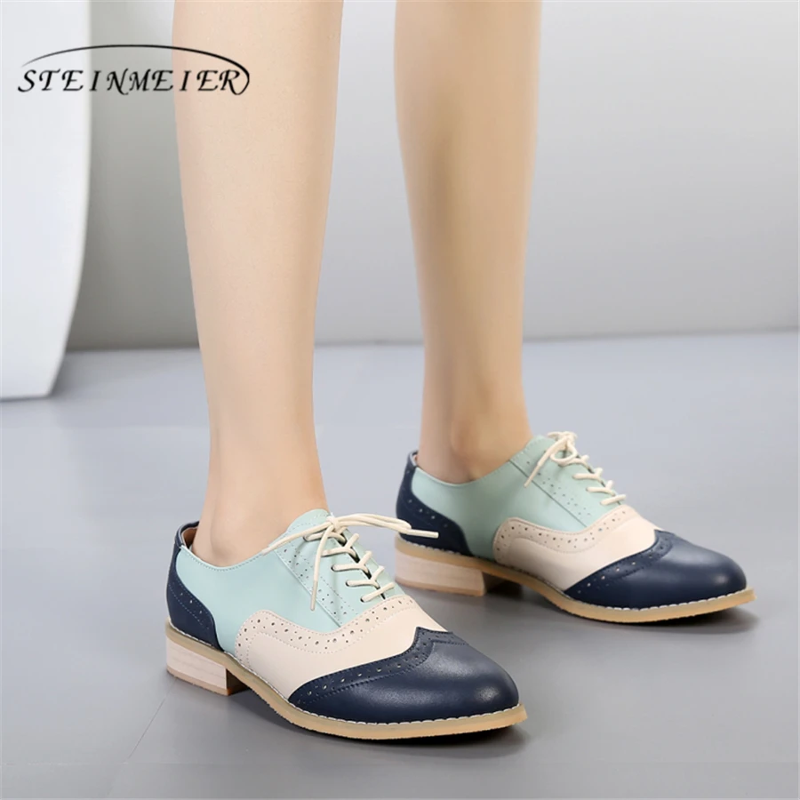 

Genuine cow leather brogue casual designer vintage lady flats shoes handmade oxford shoes for women blue yellow grey 2020 spring