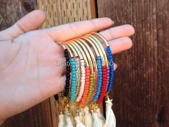 

H-B70 Trible Jewelry Gold Silver Tube Bracelet Howlite Seed Beaded Tassel Bracelet