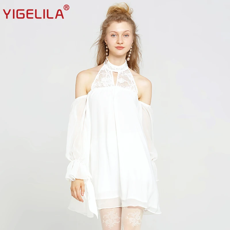 Женское кружевное платье YIGELILA белое однотонное мини-платье с лямкой вокруг шеи